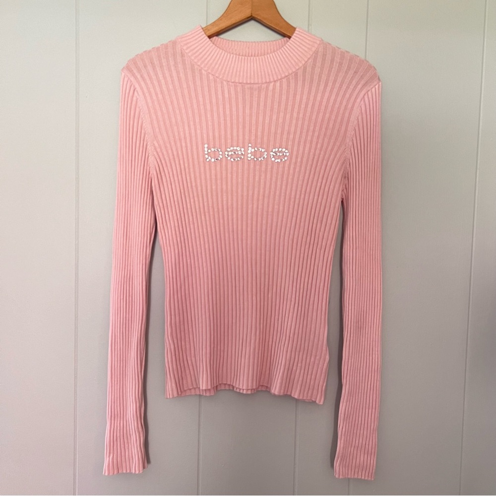 bebe Pink Ribbed Long-Sleeve Sparkle Logo Y2K Aesthetic Sweater Top Size L